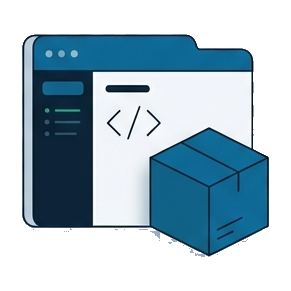 Build, a browser window with code and a package