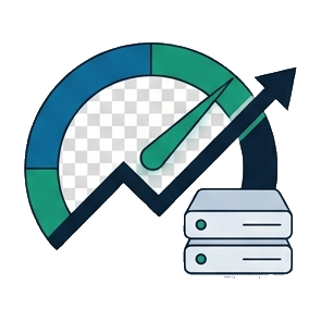 Optimize, a speedometer with an upward trend and a server