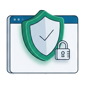 Protect, a shield and padlock over a browser window